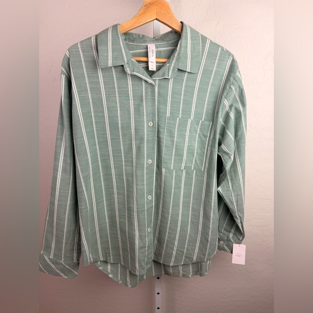 Auden Women’s Sleep Top Green White Stripe Button Front Size S NWT